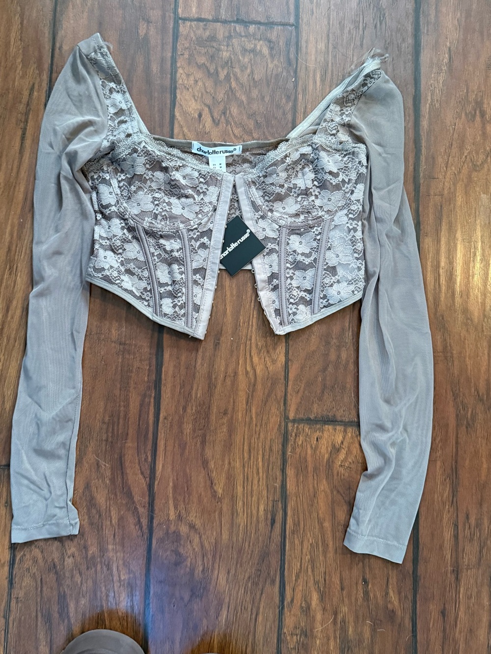 Charlotte Russe Taupe Lace Long-Sleeve Bustier Crop Top
